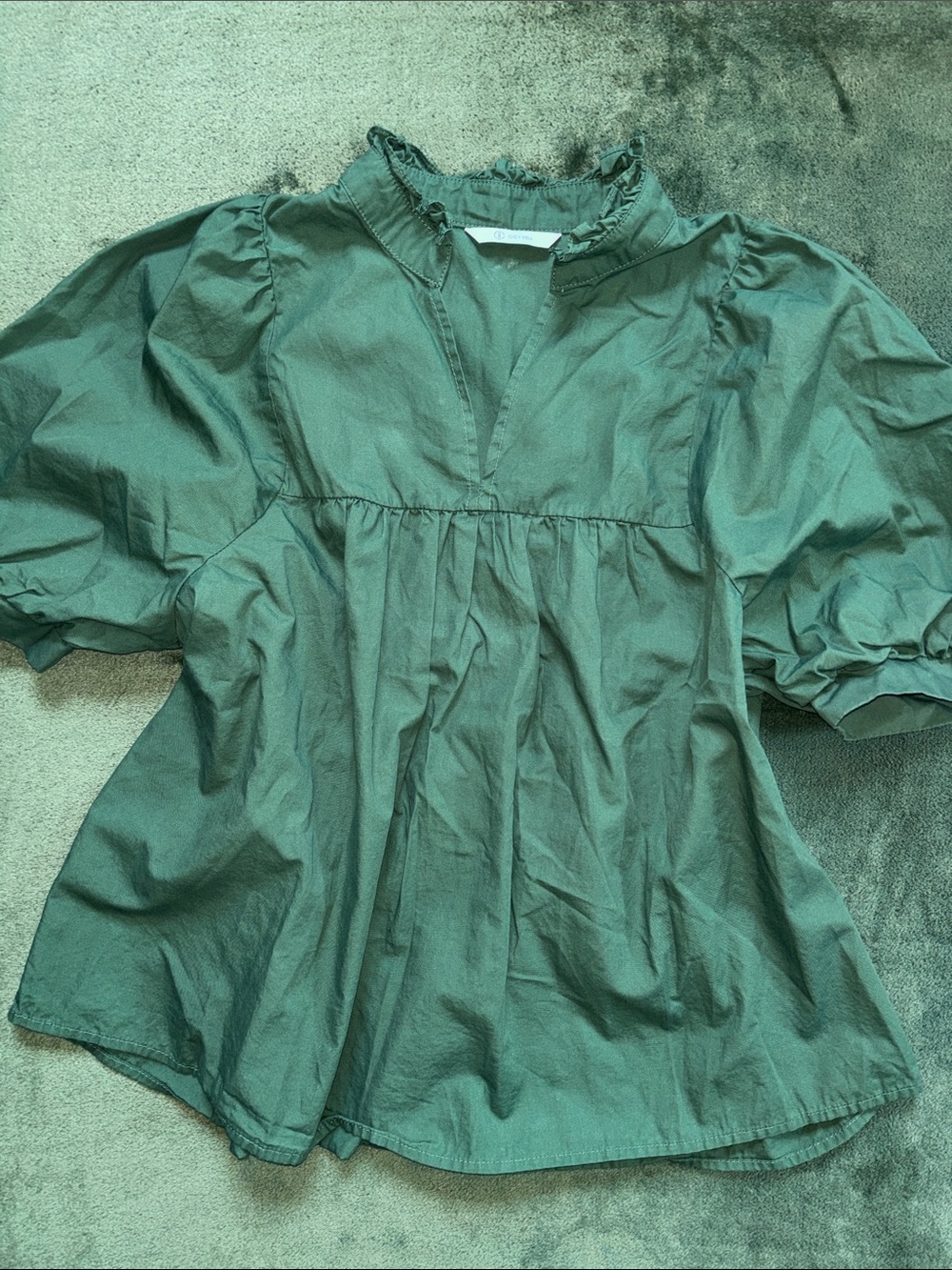 Green Ruffled Neck Puff-Sleeve Top
